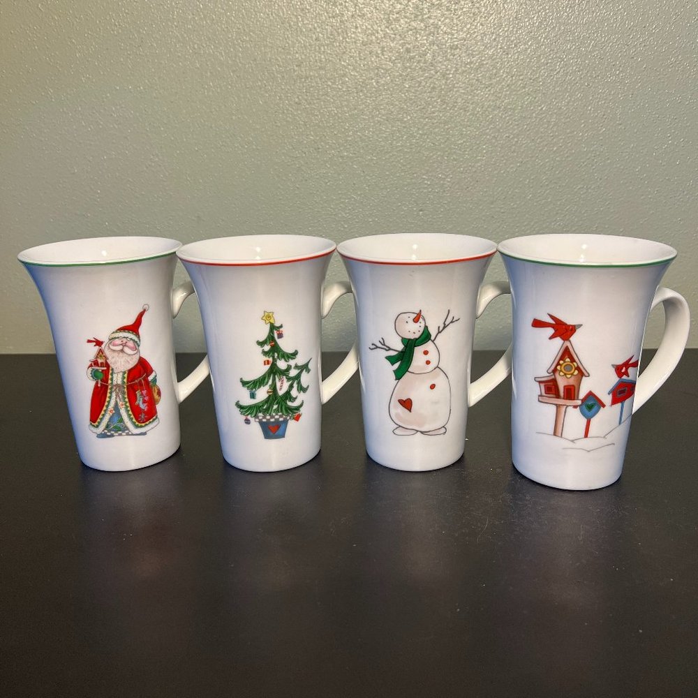 Living Quarters Winter Season Holiday Mugs Set of 4 Santa Snowman Tree Birds